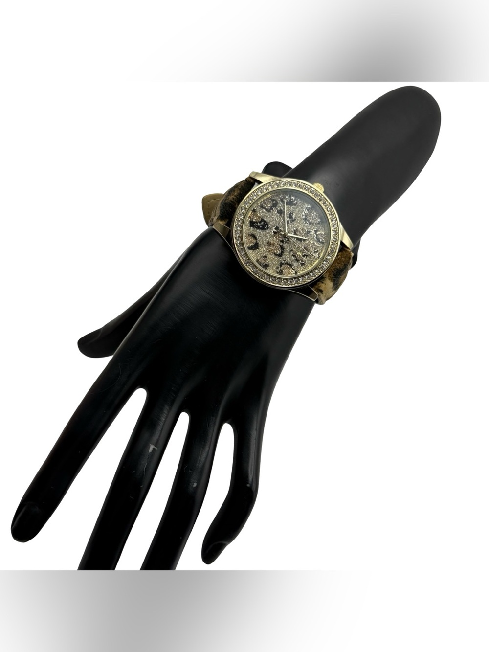 Accutime Gold Tone Leopard Print Crystal Accent Ladies Fashion Watch